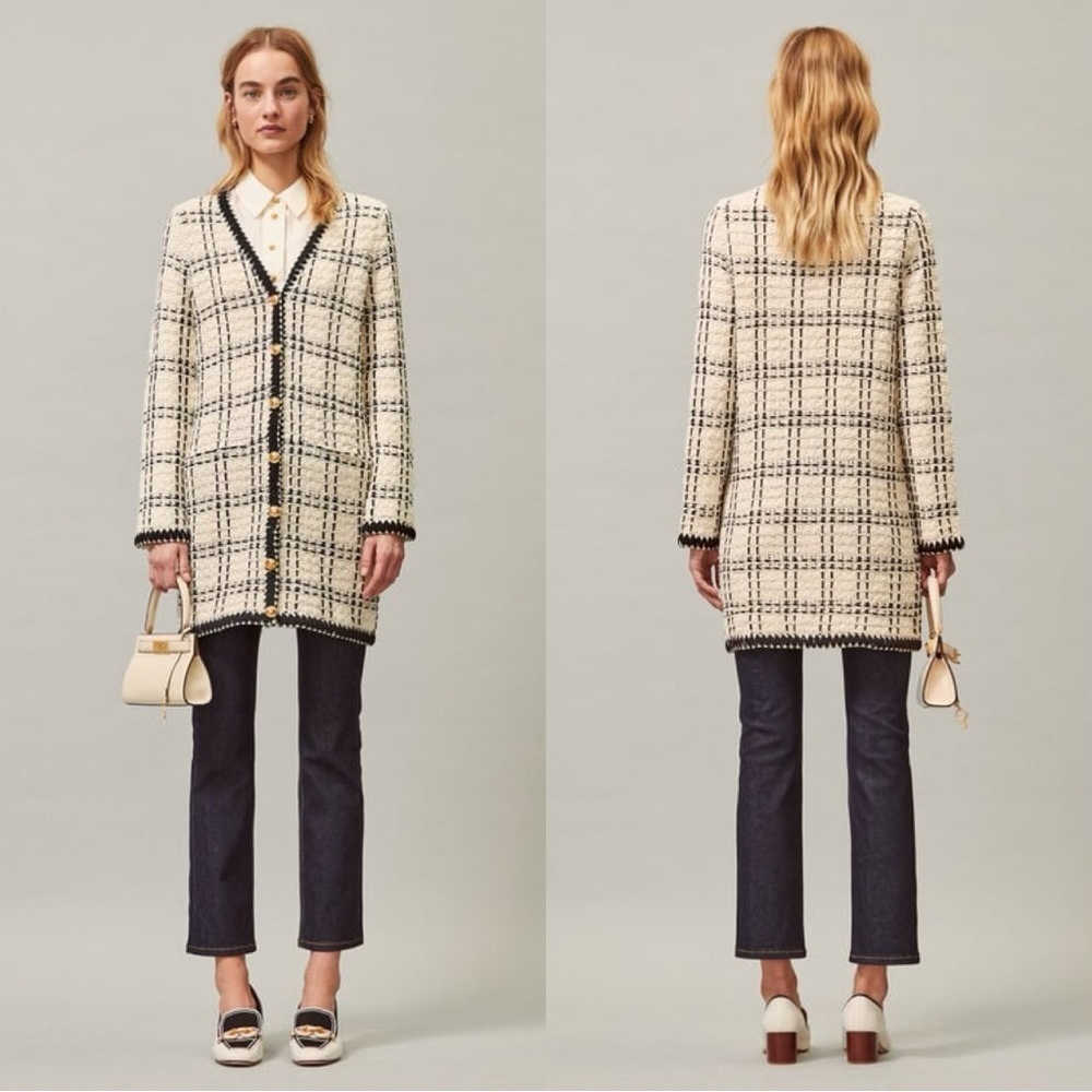 Tory Burch Kendra Tweed Jacket Coat Black Cream Fringed Size M​​
